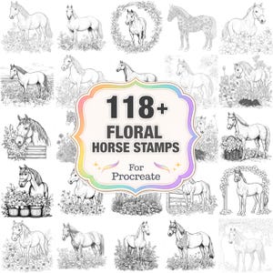 Puede incluir: Imagen que muestra 118+ sellos de caballos florales para Procreate. Las ilustraciones representan caballos en arte lineal, algunos con diseños florales y ambientados en entornos naturales. El texto está dentro de un marco decorativo y colorido.