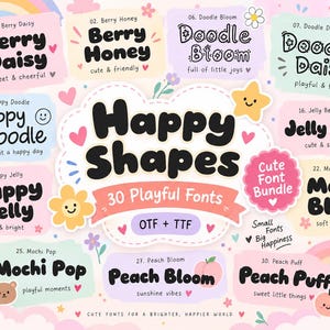Può includere: Un pacchetto di font digitali con il titolo Happy Shapes 30 Playful Fonts OTF + TTF. La grafica include vari esempi di testo come Berry Daisy, Berry Honey, Doodle Bloom, Doodle Daisy, Happy Doodle, Happy Jelly, Jelly Berry, Mochi Bloom, Mochi Pop, Peach Bloom e Peach Puff, decorati con fiori, cuori, stelle e arcobaleni color pastello.