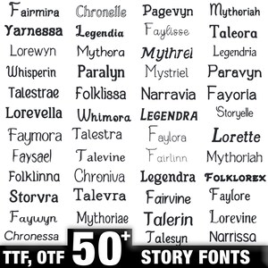 May include: A collection of 50+ story fonts in various styles, displayed in a grid. The fonts are in black, with names like "Fairmira" and "Chronelle". The image includes the text "TTF, OTF" and "STORY FONTS".