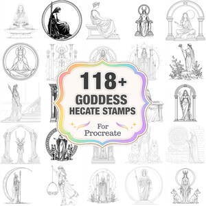 Puede incluir: Imagen que muestra 118+ sellos de la Diosa Hécate para Procreate. La ilustración presenta varios dibujos lineales de diosas, con una pancarta central que muestra el nombre y la cantidad del producto.