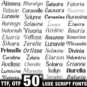 May include: A collection of 50+ Luxe Script Fonts, displayed in various styles and sizes. The fonts include names like Alissea, Relavie, Lunavie, and Aurevyn. The image also includes the text "TTF, OTF" and "LUXE SCRIPT FONTS".