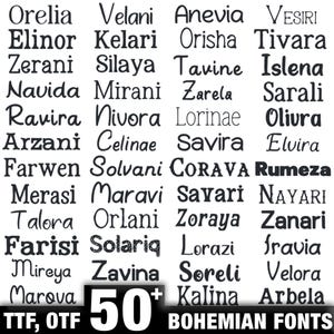 Puede incluir: Imagen en blanco y negro que muestra una colección de más de 50 fuentes bohemias. Cada fuente se muestra con un nombre único, como Orelia, Elinor y Zerani. La imagen incluye el texto "TTF, OTF" y "BOHEMIAN FONTS".