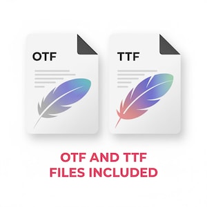 K&ouml;nnte beinhalten: Zwei wei&szlig;e Dokument-Icons mit den Texten "OTF" und "TTF" in Schwarz. Jedes Dokument zeigt eine Federillustration in Blau-, Lila- und Rosat&ouml;nen. Der Text "OTF AND TTF FILES INCLUDED" befindet sich darunter.