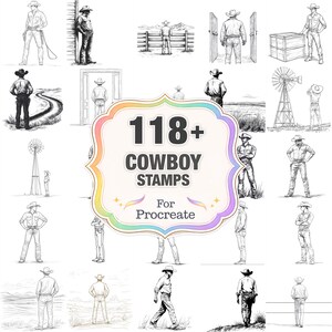 Puede incluir: Una colección de 118+ Sellos de Vaquero para Procreate, con varias ilustraciones de vaqueros en diferentes poses y entornos. Las imágenes son en blanco y negro, con un enfoque en temas del Oeste.