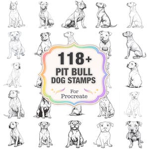May include: A collection of over 118 Pit Bull dog stamps for Procreate, featuring various poses and styles. The image showcases detailed black and white illustrations of the breed, perfect for digital art projects.