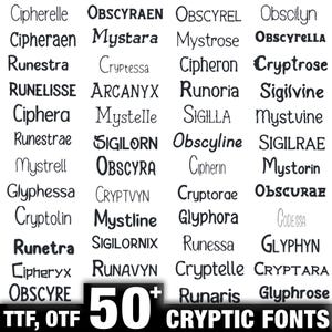 以下が含まれることがあります： TTFおよびOTF形式の50以上の暗号フォントのコレクション。 「Cipherelle」や「Obsyraen」などのフォントは、さまざまなスタイルで表示されます。 画像は白黒の配色です。