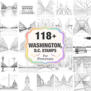 May include: A collection of 118+ Washington, D.C. stamps for Procreate. The image features various black and white line drawings of Washington, D.C. landmarks and street scenes, including the Washington Monument and the Capitol Building.