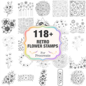 Può includere: Una collezione di 118+ timbri floreali retrò per Procreate, presentati in bianco e nero. L'immagine presenta vari design floreali, tra cui fiori dettagliati, bouquet e motivi, adatti per progetti di arte e design digitale.