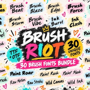 Könnte beinhalten: Eine digitale Grafikdarstellung, die ein Bündel von 30 Pinsel-Schriftarten mit dem Titel Brush Riot präsentiert. Das Bild zeigt verschiedene Schriftnamen in schwarzer Pinselschrift vor bunten Farbspritzern, darunter Bold Canvas, Ink Rush und Paint Roar.
