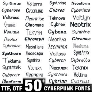 May include: A collection of 50+ cyberpunk fonts in TTF and OTF formats. The fonts are displayed in various styles and sizes, with names like "Syntharae" and "Cyberose". The image includes the text "CYBERPUNK FONTS".