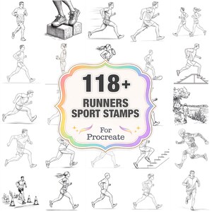 May include: A collection of black and white illustrations of runners in various poses. The image includes the text "118+ RUNNERS SPORT STAMPS For Procreate" in a colorful, decorative frame. The illustrations depict runners in action.