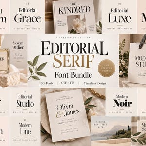 May include: A digital font bundle display featuring the text Editorial Serif Font Bundle, 30 Fonts, OTF + TTF, Timeless Design. The image showcases various serif font names like Bloom, Grace, Luxe, Muse, Noir, and Pearl on cream-colored cards.