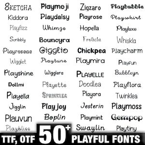 May include: An image showcasing over 50 playful fonts in TTF and OTF formats. The fonts, such as "Sketcha," "Playmoji," and "Zigzaro," are displayed in a variety of styles. The text "50+ PLAYFUL FONTS" is also visible, indicating a diverse selection.
