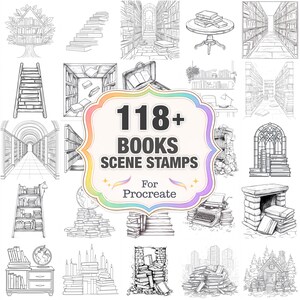 May include: Black and white illustrations of various book-related scenes, including bookshelves, stairs, and stacks of books. The image features the text "118+ BOOKS SCENE STAMPS For Procreate".