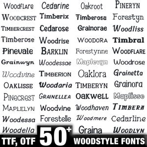 May include: A collection of over 50 wood-style fonts displayed in various styles and sizes. The image includes font names like "Woodflare" and "Timberix", with the text "50+ WOODSTYLE FONTS" at the bottom.