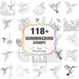 May include: A collection of 118+ hummingbird stamps for Procreate, featuring various hummingbird illustrations in black and white. The image includes hummingbirds in flight, perched on flowers, and near fountains.