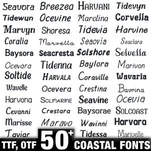 K&ouml;nnte beinhalten: Eine Sammlung von &uuml;ber 50 K&uuml;sten-Schriftarten, dargestellt in einem Raster. Jede Schriftart hat einen anderen Stil, mit Namen wie "Seavora", "Breezea" und "Tidewyn". Der Text "TTF, OTF" und "COASTAL FONTS" ist ebenfalls enthalten.