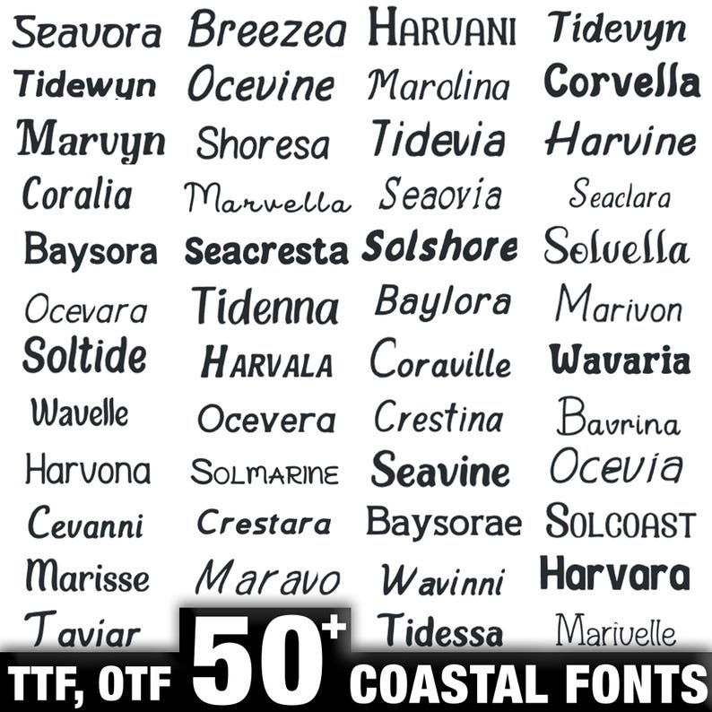 K&ouml;nnte beinhalten: Eine Sammlung von &uuml;ber 50 K&uuml;sten-Schriftarten, dargestellt in einem Raster. Jede Schriftart hat einen anderen Stil, mit Namen wie "Seavora", "Breezea" und "Tidewyn". Der Text "TTF, OTF" und "COASTAL FONTS" ist ebenfalls enthalten.