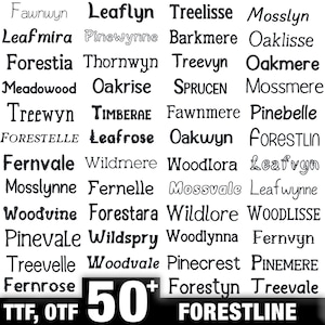 May include: A collection of various font styles, including serif and sans-serif, with names like "Fawnwyn" and "Leaflyn." The image features a variety of fonts, with the text "50+ FORESTLINE" at the bottom, indicating a font bundle.
