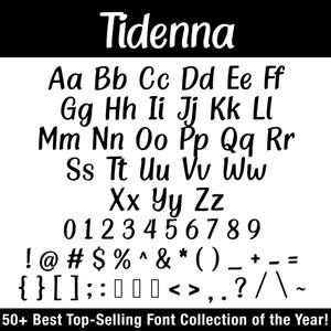 K&ouml;nnte beinhalten: Schwarz-wei&szlig; Grafik mit der Schriftart "Tidenna". Das Bild zeigt das Alphabet, Zahlen und Symbole. Der Text "50+ Best Top-Selling Font Collection of the Year!" befindet sich unten.