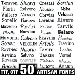 Puede incluir: Imagen que muestra más de 50 fuentes artesanales en negro. Los nombres de las fuentes incluyen "Teravon", "Sivora" y "Crestal". La imagen también incluye el texto "TTF, OTF" y "ARTISAN FONTS".