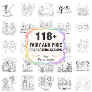 Może przedstawiać: Kolekcja 118+ znaczków postaci wróżek i skrzatów dla Procreate. Obraz zawiera różne czarno-białe ilustracje wróżek i skrzatów w różnych pozach i otoczeniach, z centralnym banerem.