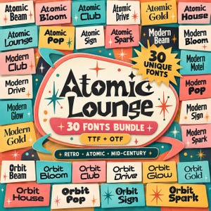 May include: A digital font bundle graphic featuring the text Atomic Lounge 30 Fonts Bundle TTF + OTF. The design includes a central cream-colored shape surrounded by colorful rectangular labels displaying various font names like Atomic Beam and Orbit Spark.