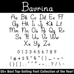K&ouml;nnte beinhalten: Schwarz-wei&szlig;-Bild mit der Schriftart "Bavrina". Das Bild zeigt das Alphabet in Gro&szlig;- und Kleinbuchstaben, die Zahlen 0-9 und verschiedene Symbole. Der Text "50+ Best Top-Selling Font Collection of the Year!" befindet sich unten.