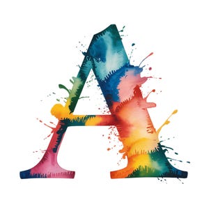 May include: A colorful watercolor letter "A" against a white background. The letter is filled with a vibrant blend of blues, greens, yellows, oranges, and pinks, with paint splatters extending outwards. The design has a modern, artistic feel.