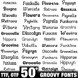 May include: A selection of over 50 groovy fonts in TTF and OTF formats. The fonts are presented in a grid, each with a unique, bold, retro-style design. The text "50+ GROOVY FONTS" is also displayed.