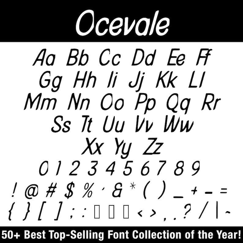 K&ouml;nnte beinhalten: Auf wei&szlig;em Hintergrund steht das Wort "Ocevale" in einer Schreibschrift. Darunter sind das Alphabet, Zahlen und Symbole in schwarzer Schreibschrift dargestellt. Der Text "50+ Best Top-Selling Font Collection of the Year!" steht unten.