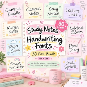 May include: A digital font bundle titled Study Notes Handwriting Fonts featuring 30 fonts in TTF and OTF formats. The display includes various pastel-colored sticky notes with handwritten text, a pink mug, a pink marker, and stacked notebooks.
