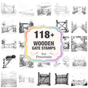 Puede incluir: Una colección de 118+ sellos de puertas de madera para Procreate, mostrados en una cuadrícula. Los sellos son bocetos en blanco y negro de varios diseños de puertas, sobre un fondo blanco. El gráfico central tiene un borde colorido.