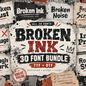 以下が含まれることがあります： Broken Ink 30フォントバンドルを紹介するデジタルグラフィックディスプレイ。中央のテキストには「Broken Ink 30 Font Bundle TTF + OTF」と書かれています。周囲にはBroken Dust、Broken Noise、Broken Scratch、Ink Damage、Ink Press、Rough Mark、Rough Staticとラベル付けされたサンプルが配置されています。