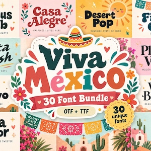 May include: A digital font bundle display featuring the central text Viva México 30 Font Bundle OTF + TTF with a sombrero icon. Surrounding it are twelve rectangular panels showcasing various font styles with phrases like Cactus Club, Casa Alegre, Desert Pop, Fiesta Glow, Fiesta Rush, Plaza Viva, Sol Bravo, Viva Bloom, Viva Color, and Viva Spirit.