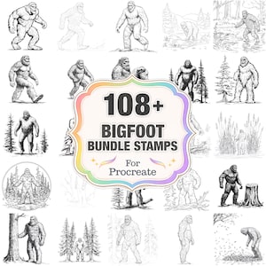 Puede incluir: Ilustraciones de Bigfoot en varias poses y entornos. La imagen incluye un gráfico central con el texto "108+ Bigfoot Bundle Stamps For Procreate". Las ilustraciones son en blanco y negro, algunas en estilo boceto.