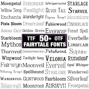 Puede incluir: Una colección de varias fuentes de cuentos de hadas en diferentes estilos, con nombres como "Moonpetal" y "Starveil". Un rectángulo negro en el centro dice "TTF 50+ OTF FAIRYTALE FONTS."