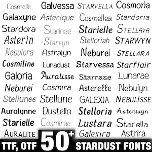 May include: A selection of diverse font styles, presented in black text against a white backdrop. The image displays numerous font names, with the number "50+" and the words "STARDUST FONTS" at the base. The fonts are available in TTF and OTF formats.