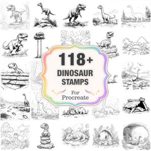 Puede incluir: Ilustraciones en blanco y negro de varios dinosaurios en diferentes poses y entornos. La imagen incluye un gráfico central que dice "118+ Dinosaur Stamps For Procreate".