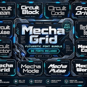 May include: A digital font bundle display featuring the title Mecha Grid and 30 fonts included. The graphic showcases various text styles like Circuit Beam, Circuit Block, Circuit Code, Circuit Drive, Circuit Pulse, Circuit Vector, Mecha Beam, Mecha Core, Mecha Grid, Mecha Mode, Mecha Pulse, and Mecha Works.