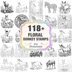 Puede incluir: Una colección de más de 118 sellos florales de burros para Procreate. La imagen presenta varias ilustraciones de burros, algunas con acentos florales, en un estilo en blanco y negro. El elemento central es una pancarta colorida con el texto "118+ Floral Donkey Stamps".