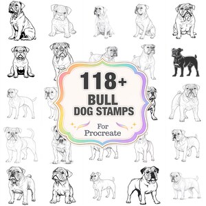 May include: A collection of 118+ Bull Dog stamps for Procreate. The image features various line art illustrations of bulldogs in different poses, with a central graphic that includes the text "118+ BULL DOG STAMPS For Procreate". The illustrations are in black and white.