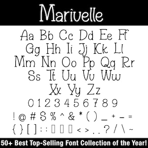 K&ouml;nnte beinhalten: Schwarz-wei&szlig;e Grafik mit der Schriftart "Marivelle". Das Bild zeigt das Alphabet, Zahlen und Symbole. Der Text "50+ Best Top-Selling Font Collection of the Year!" befindet sich unten.
