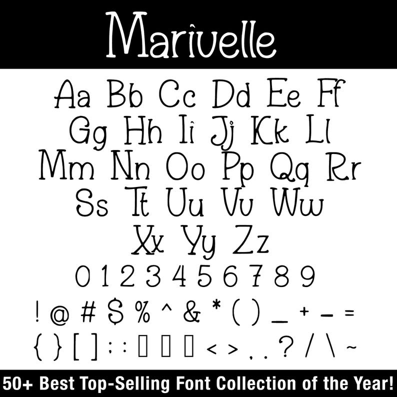 K&ouml;nnte beinhalten: Schwarz-wei&szlig;e Grafik mit der Schriftart "Marivelle". Das Bild zeigt das Alphabet, Zahlen und Symbole. Der Text "50+ Best Top-Selling Font Collection of the Year!" befindet sich unten.