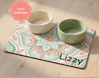 Personalized Dog Feeding Mat, Boho Mandala Pet Food Placemat, Non-Slip Waterproof Bowl Mat