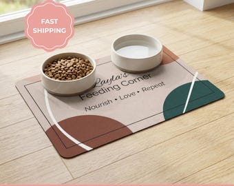 Tapete personalizado estilo bohemio para comer perros, mantel individual antideslizante para comida de mascotas, diseño con nombre personalizado.
