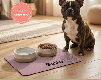 Tapete de comida para perros personalizado con raza y nombre, mantel individual antideslizante personalizado para mascotas