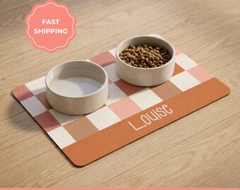 Personalized Dog Feeding Mat, Custom Name Pet Bowl Placemat, Gingham Design