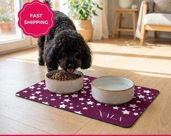 Tapis de nourriture pour chien personnalisé avec nom, alimentation antidérapante et imperméable pour animaux de compagnie pour bols de nourriture et d'eau, cadeau pour amoureux des chiens