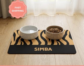 Personalized Dog Feeding Mat, Custom Name Pet Placemat, Zebra Pattern, Non-Slip Waterproof Bowl Mat